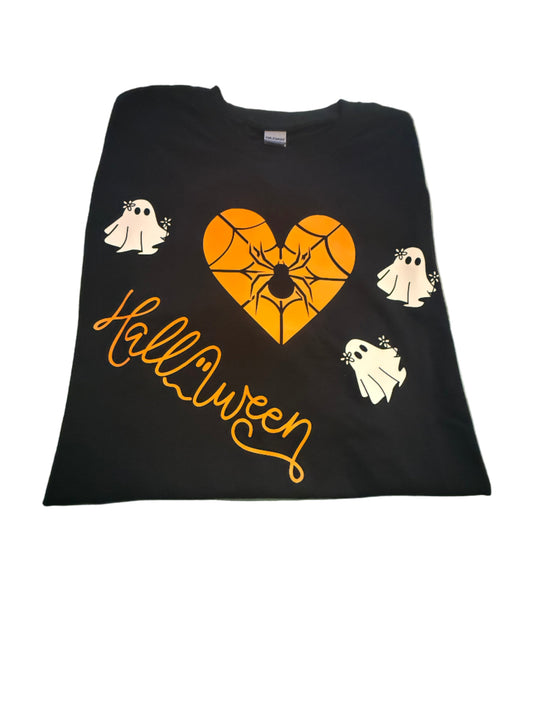 Black t-shirt with Halloween design featuring a spider and web within an orange heart surrounded by ghosts, Roxzell