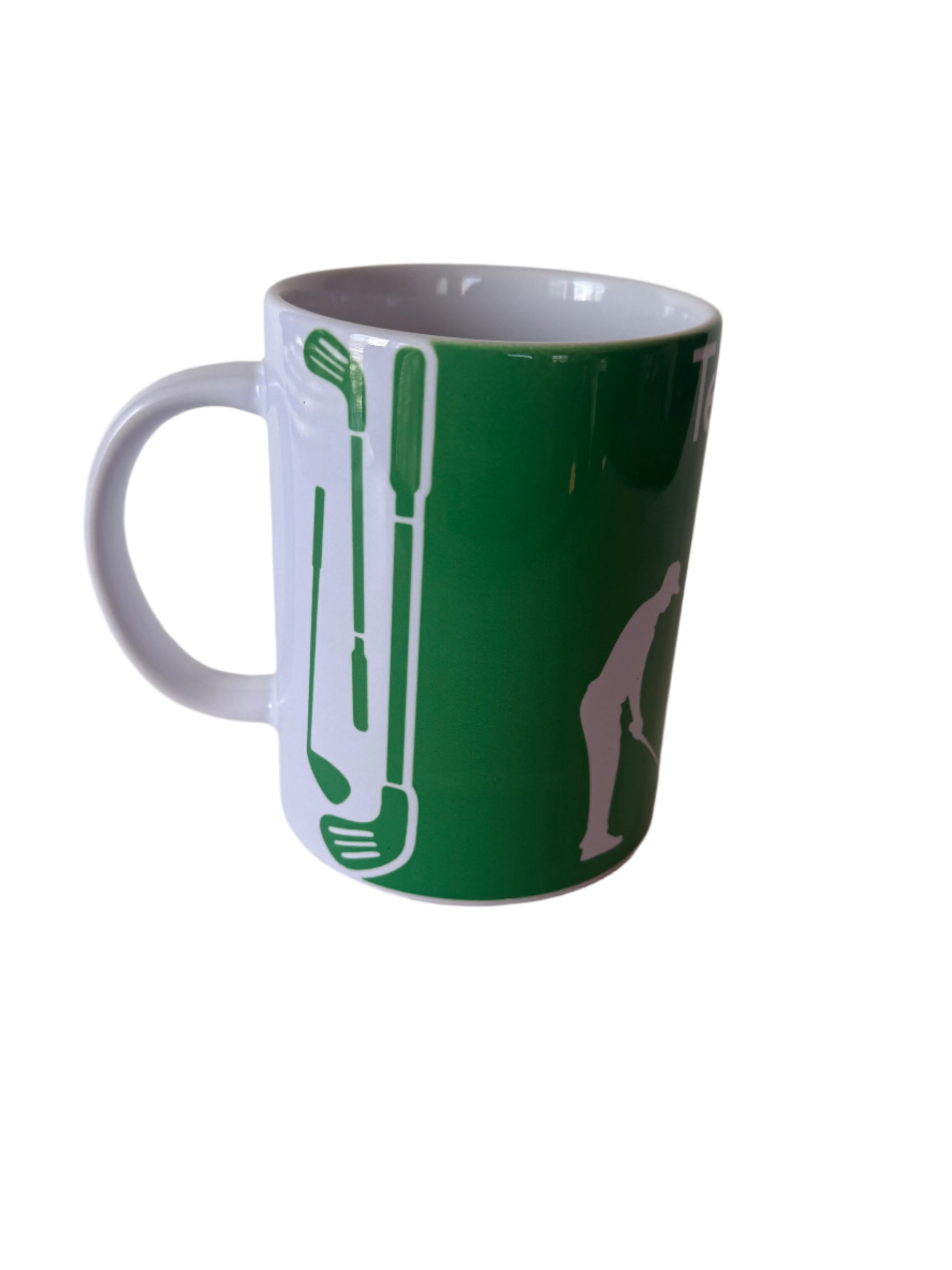 Handcrafted Ceramic mug with golf-themed illustrations, displayed against a kitchen backdrop.