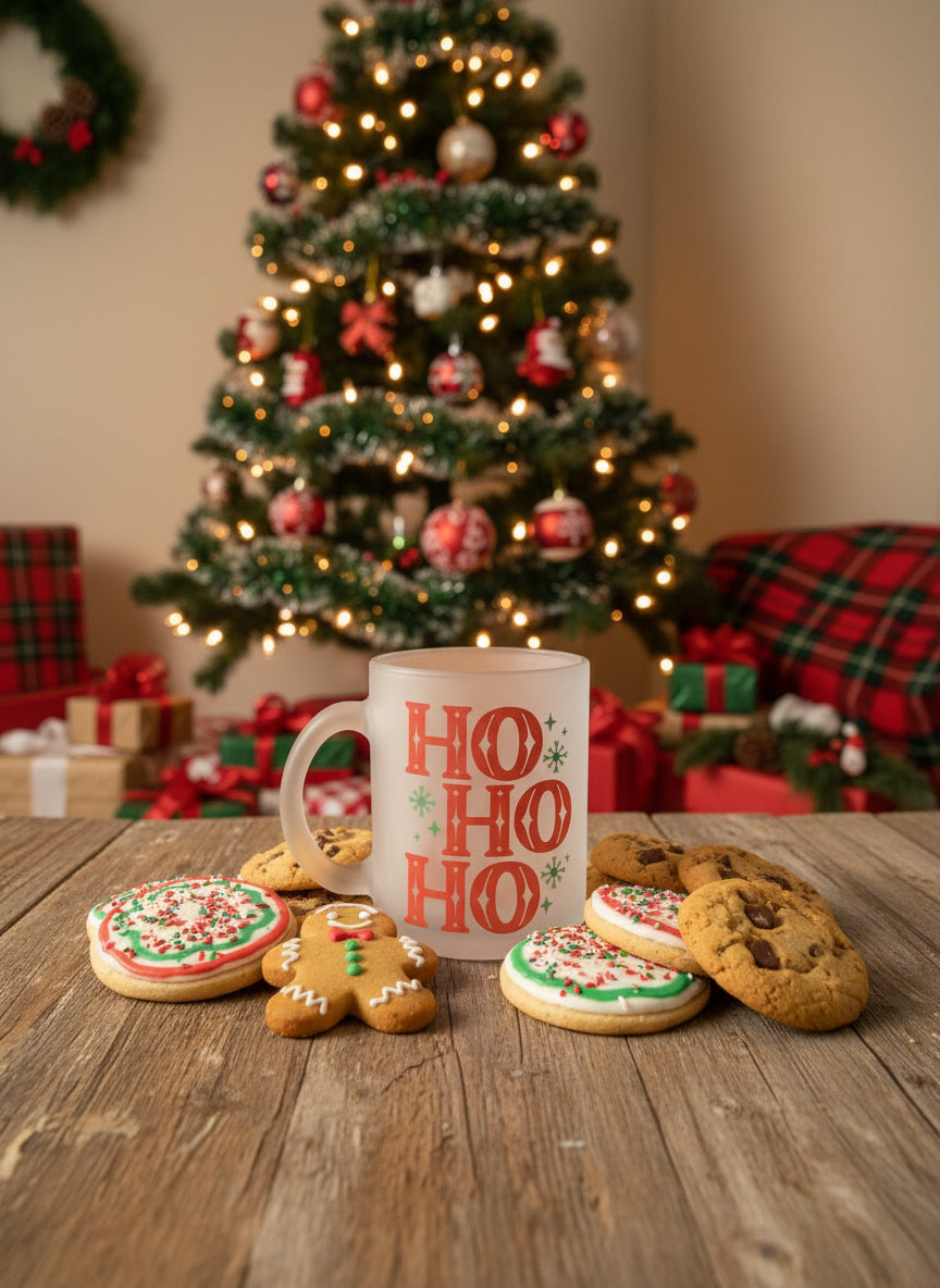 Frosted glass Christmas mug with double-sided design, Merry Christmas and Ho Ho Ho lettering on a table with Christmas cookies and a Christmas background, Roxzell