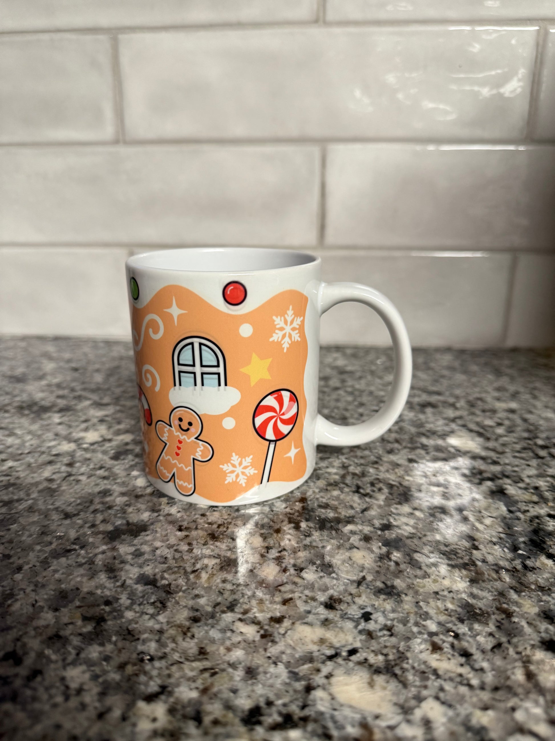 Seasonal drinkware with gingerbread-inspired design, placed on kitchen counter with tiled backsplash, Roxzell