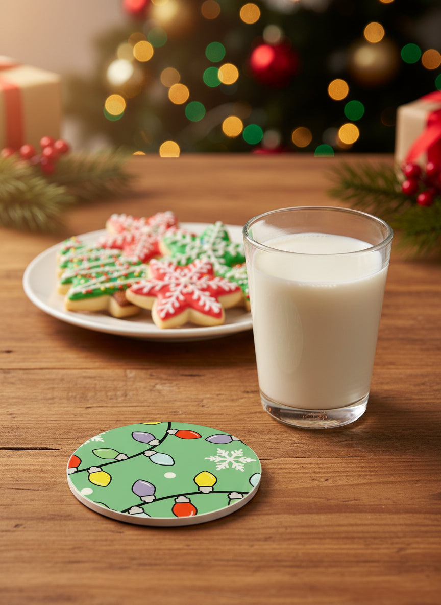 Ceramic drink coaster with colorful Christmas lights and a snowflake on a table beside a glass of milk and Christmas sugar cookies, Roxzell