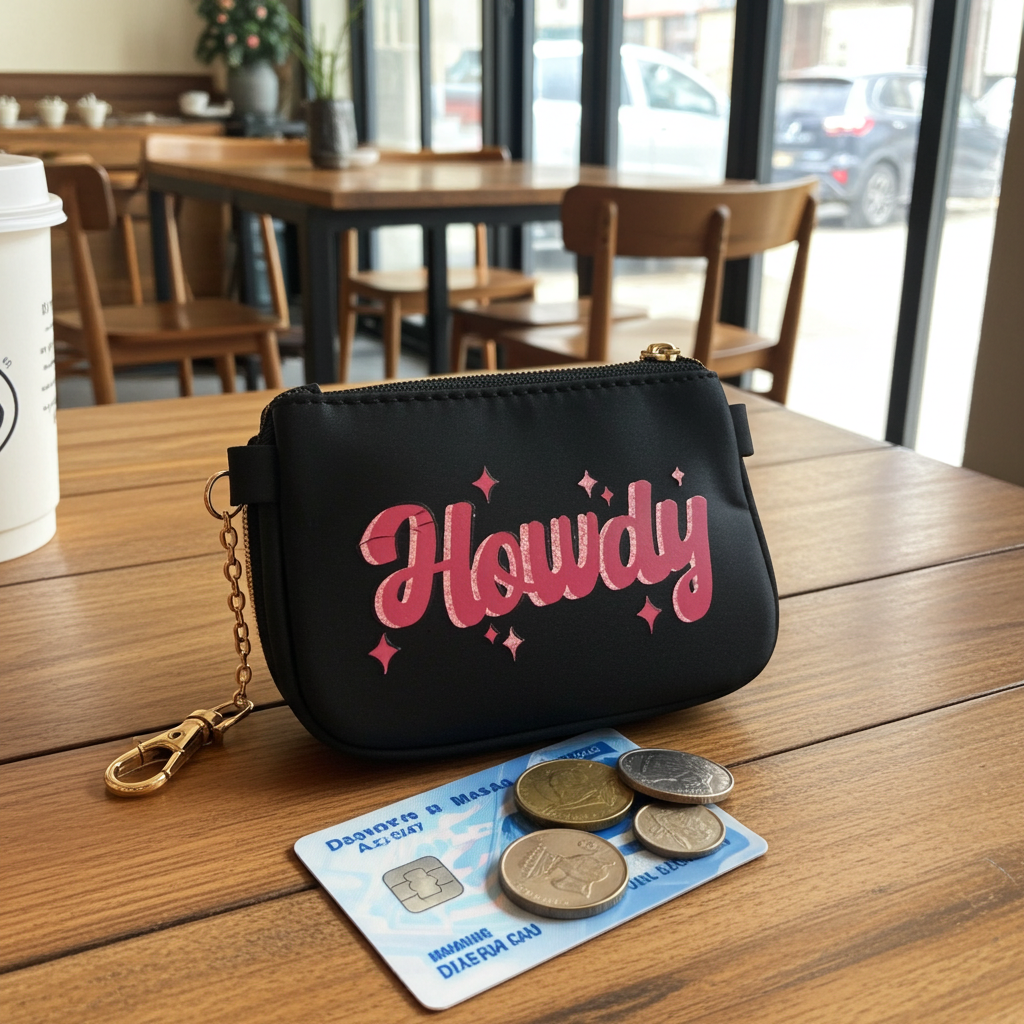 Black coin pouch with 'Howdy' text on a wooden table with coins and a card.