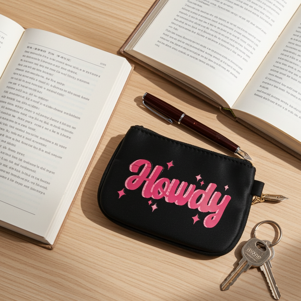 Black coin purse/id wallet with 'Howdy' in pink text on a wooden surface with books and keys, Roxzell