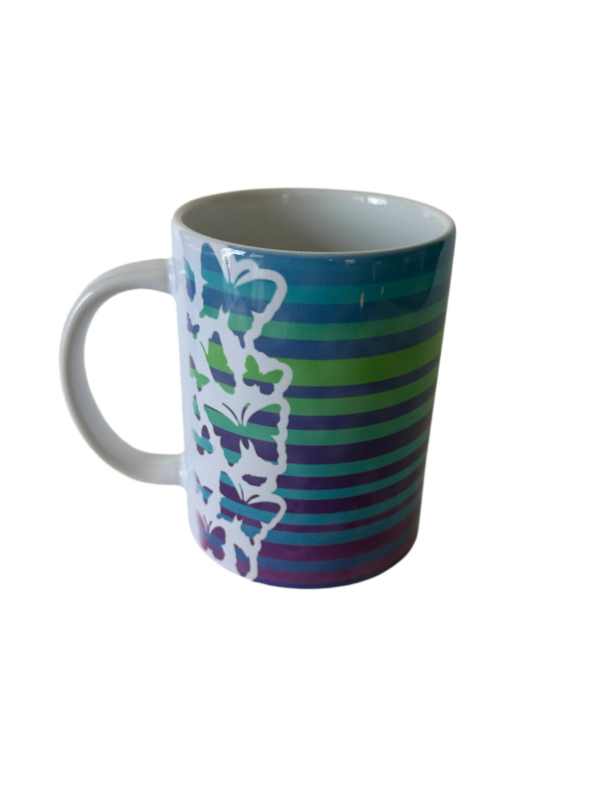 butterfly coffee mug with blue green and purple stripes Roxzell