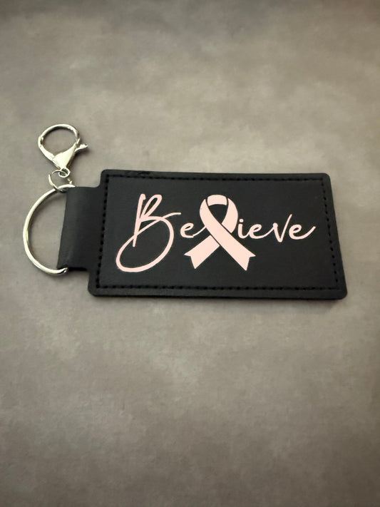 Leather Keychain - Pink Ribbon - "Believe"