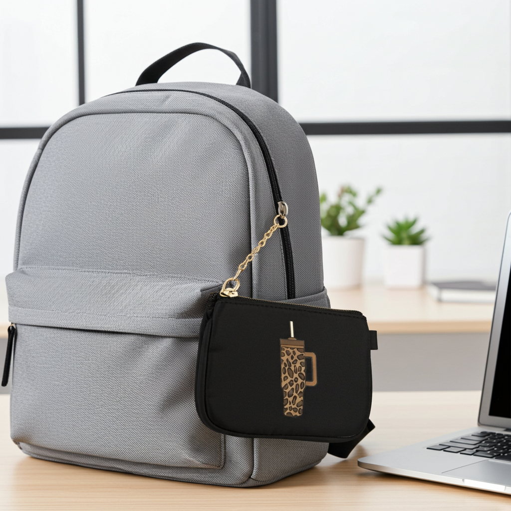 Small black coin purse/id wallet with Leopard print water bottle design on a gray back pack, Roxzell