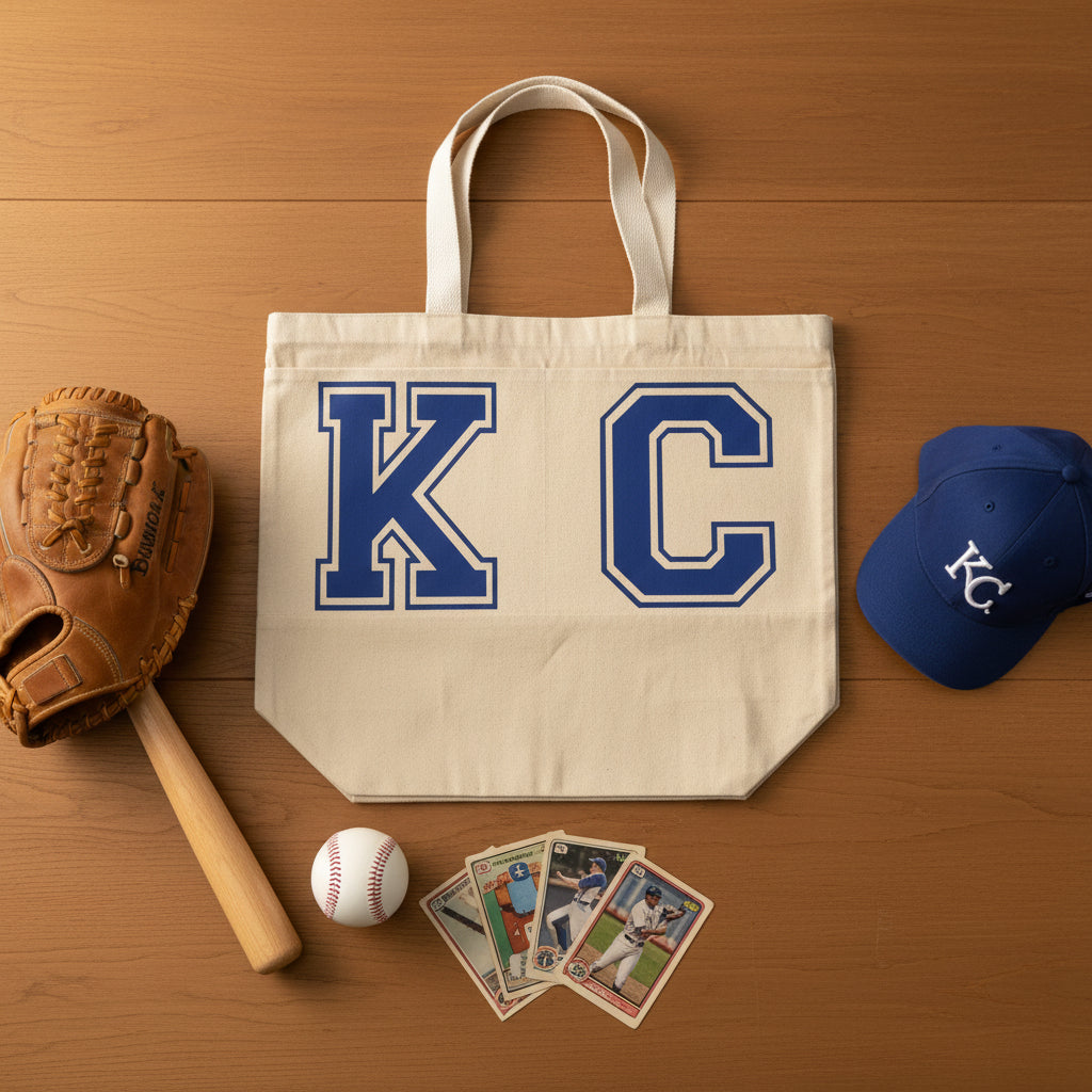 Close‑up view of the blue “KC” print on a canvas tote bag on table surrounded by KC baseball gear.