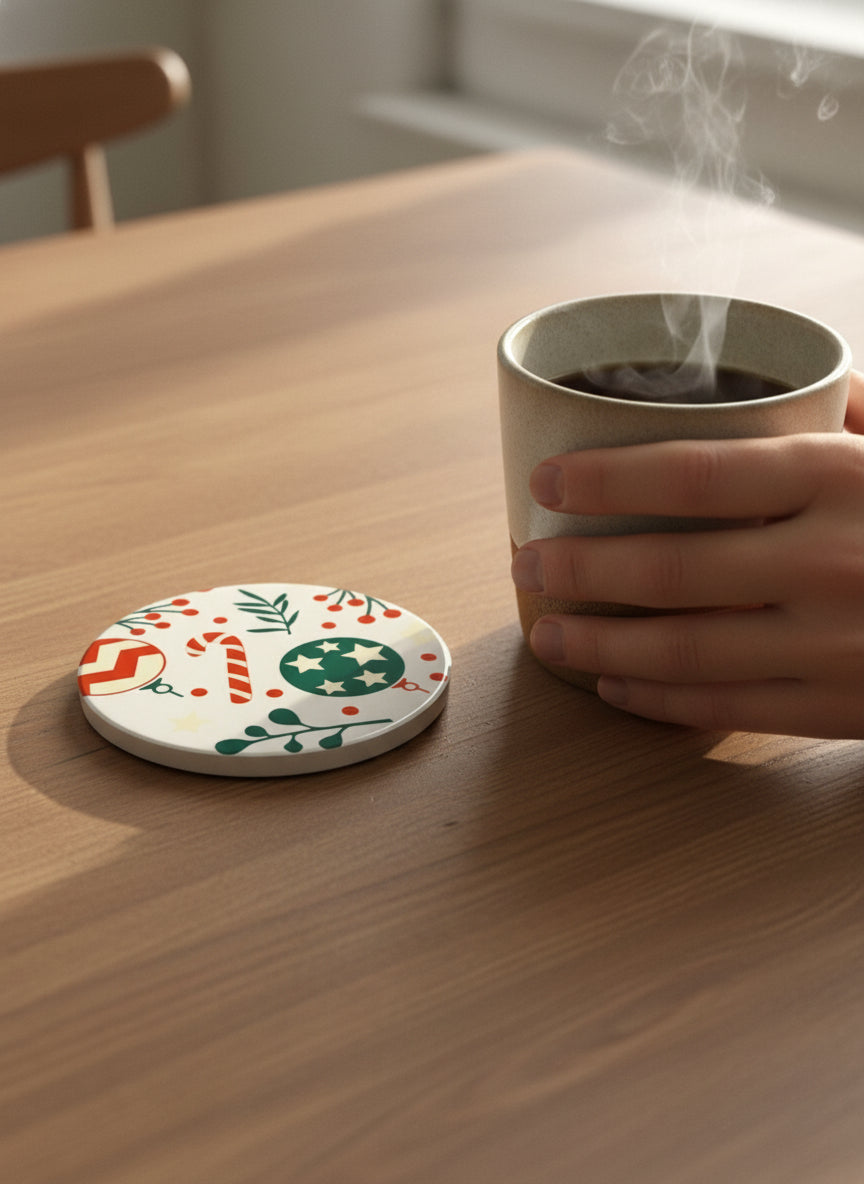 Kitchen coaster designed with red and green Christmas ornaments, candy cane and Christmas flowers, Roxzell