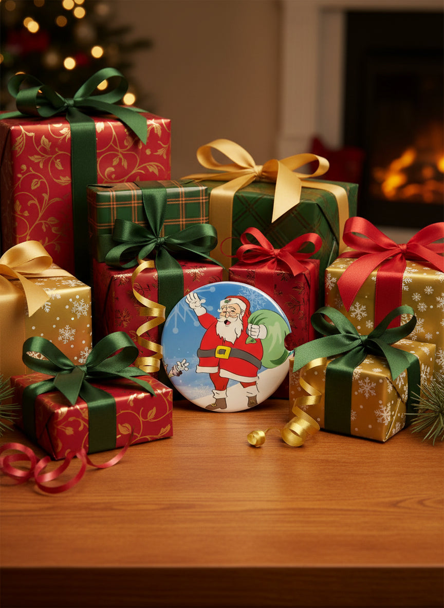 A kitchen coaster with Santa Clause carrying his toy sack standing in the snow waving, Roxzell