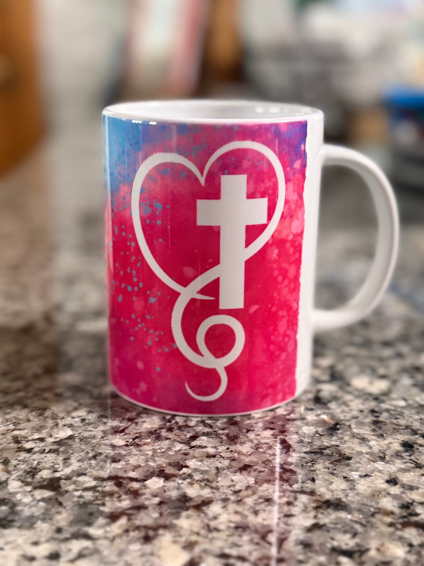 Reverse side of Let Go and Let God coffee mug with a heart and cross, Roxzell