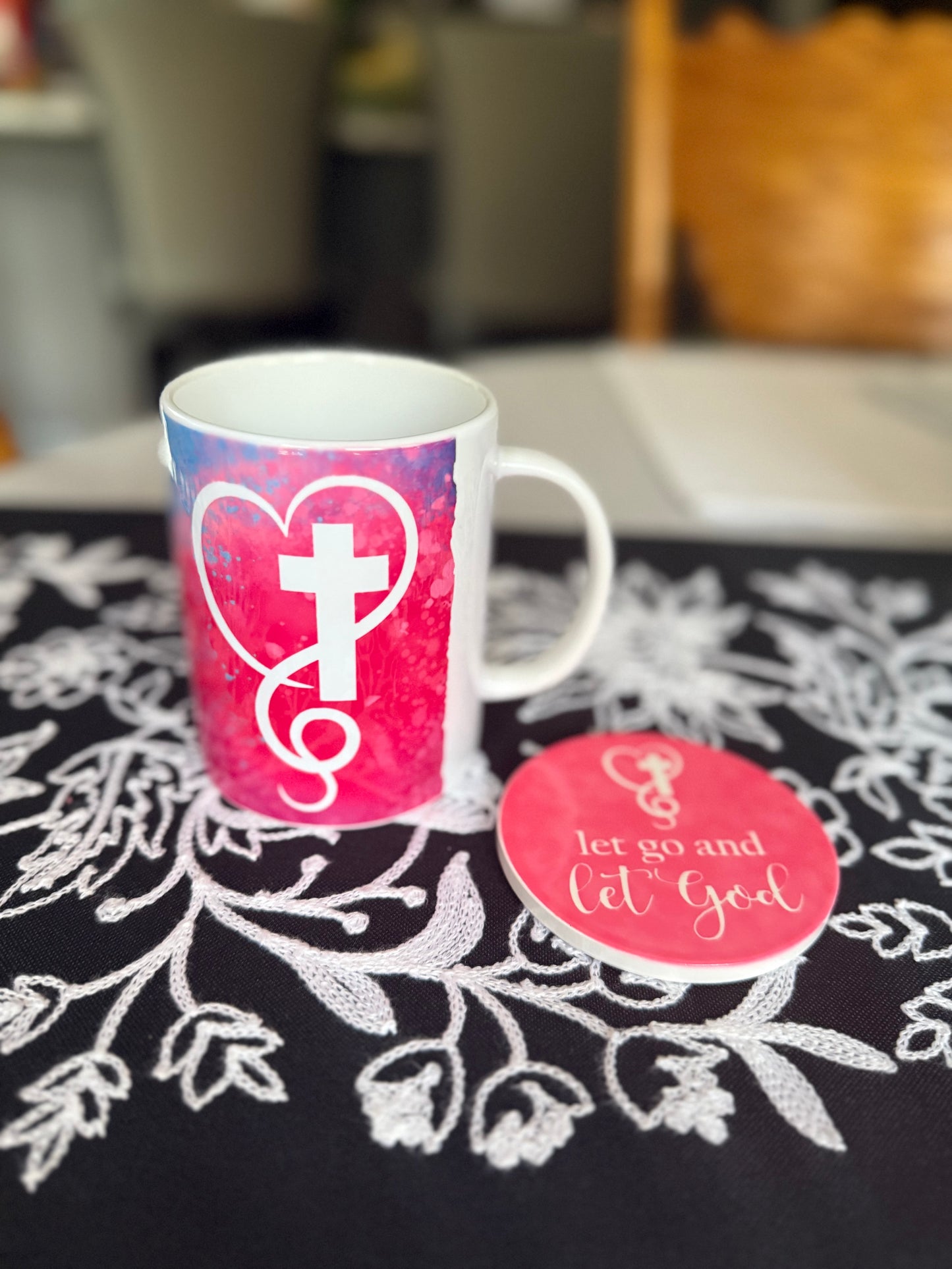 Reverse side of Let Go and Let God coffee mug with a heart with a matching Let Go and Let God coaster, Roxzell