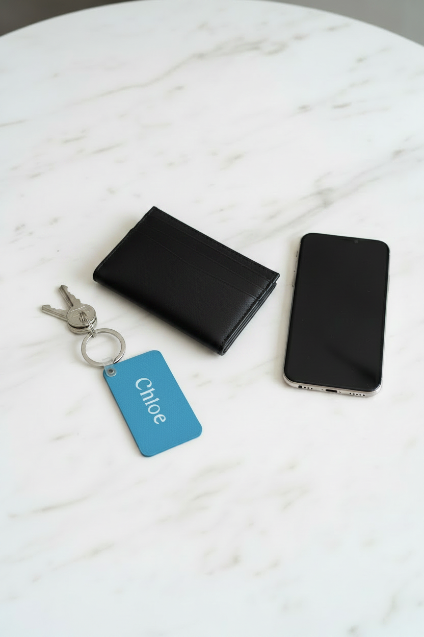 A blue keychain with name 'Chloe' next to black leather bifold wallet and a cell phone. Roxzell