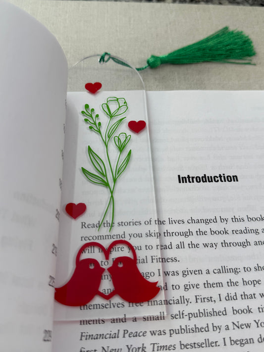 Acrylic bookmark with green flowers, red love birds, and a green tassel Roxzell