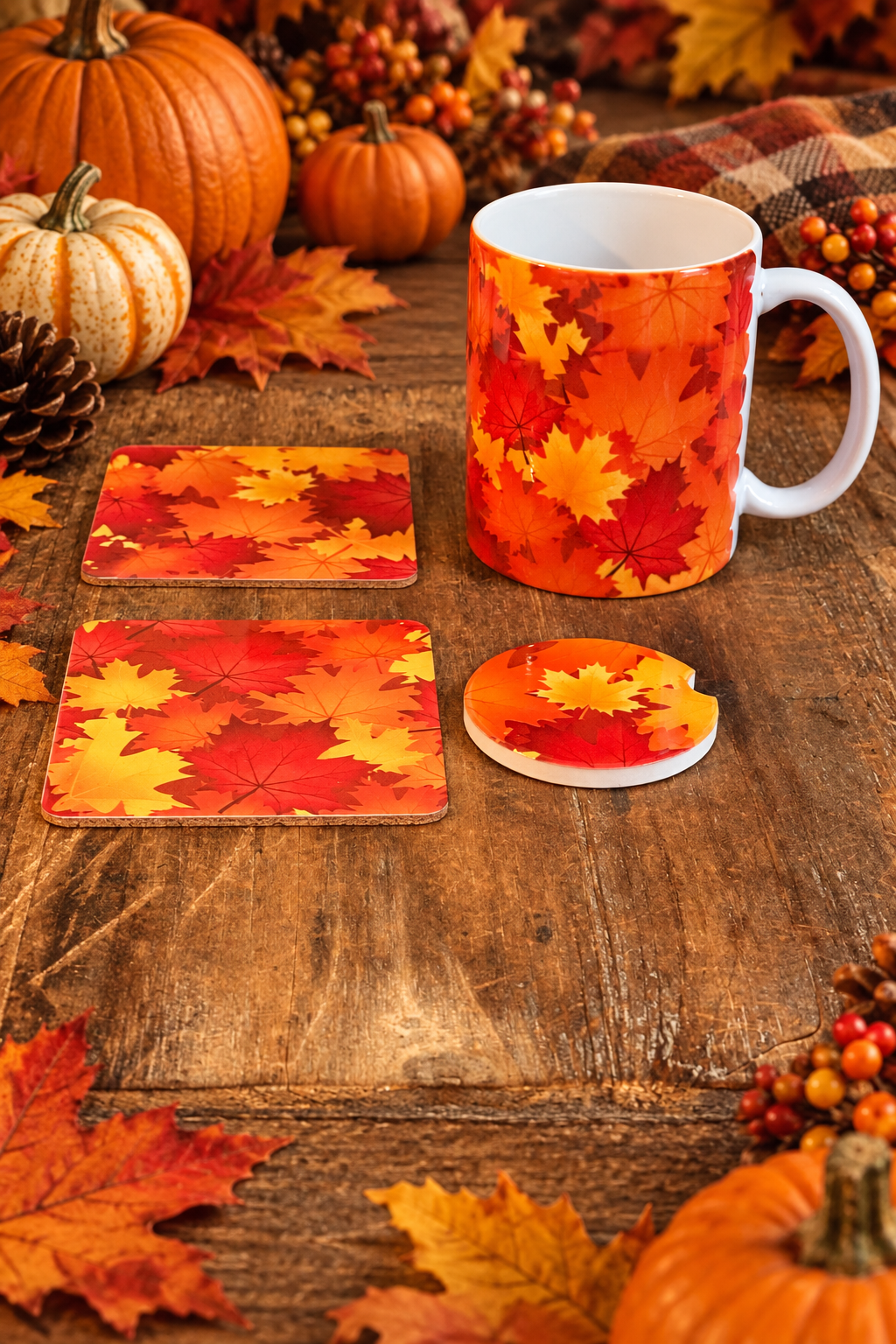 A fall-themed ceramic mug and matching coasters with an orange and yellow maple leaf pattern, arranged on a rustic wooden table surrounded by pumpkins, autumn leaves, and berries. Roxzell