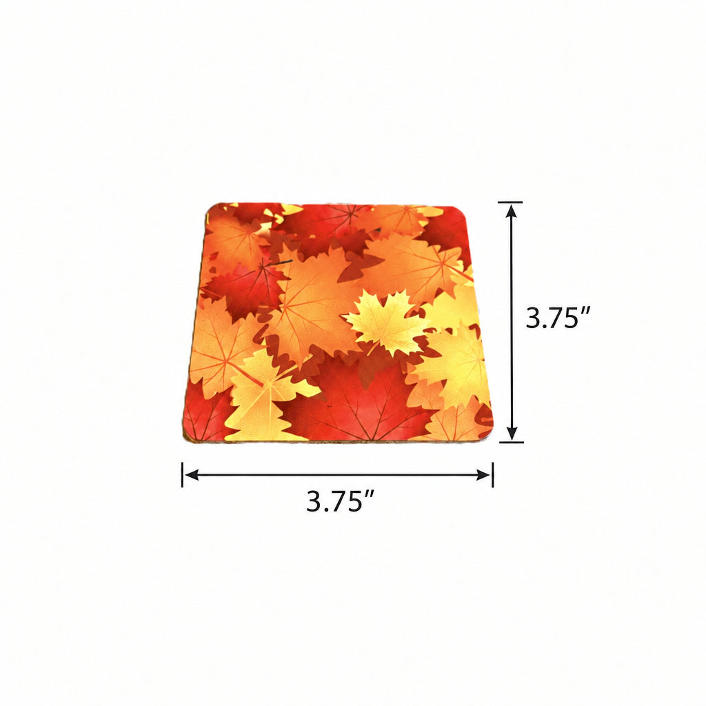A square coaster with a vibrant autumn maple leaf pattern in shades of red, orange, and yellow shown on a plain white background with 3.75" dimension arrows.  Roxzell