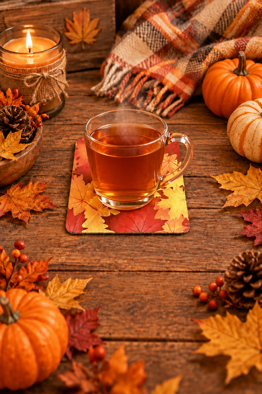 A square drink coaster with a vibrant autumn maple leaf pattern in shades of red, orange, yellow, and brown, shown on a plain white background. Roxzell