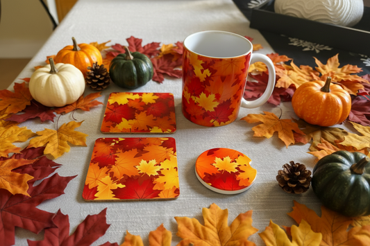 A coordinated autumn-themed table setting featuring a ceramic mug and three coasters printed with colorful fall leaves in orange, red, yellow, and brown, styled with pumpkins, pinecones, and scattered autumn leaves on a light fabric surface. Roxzell