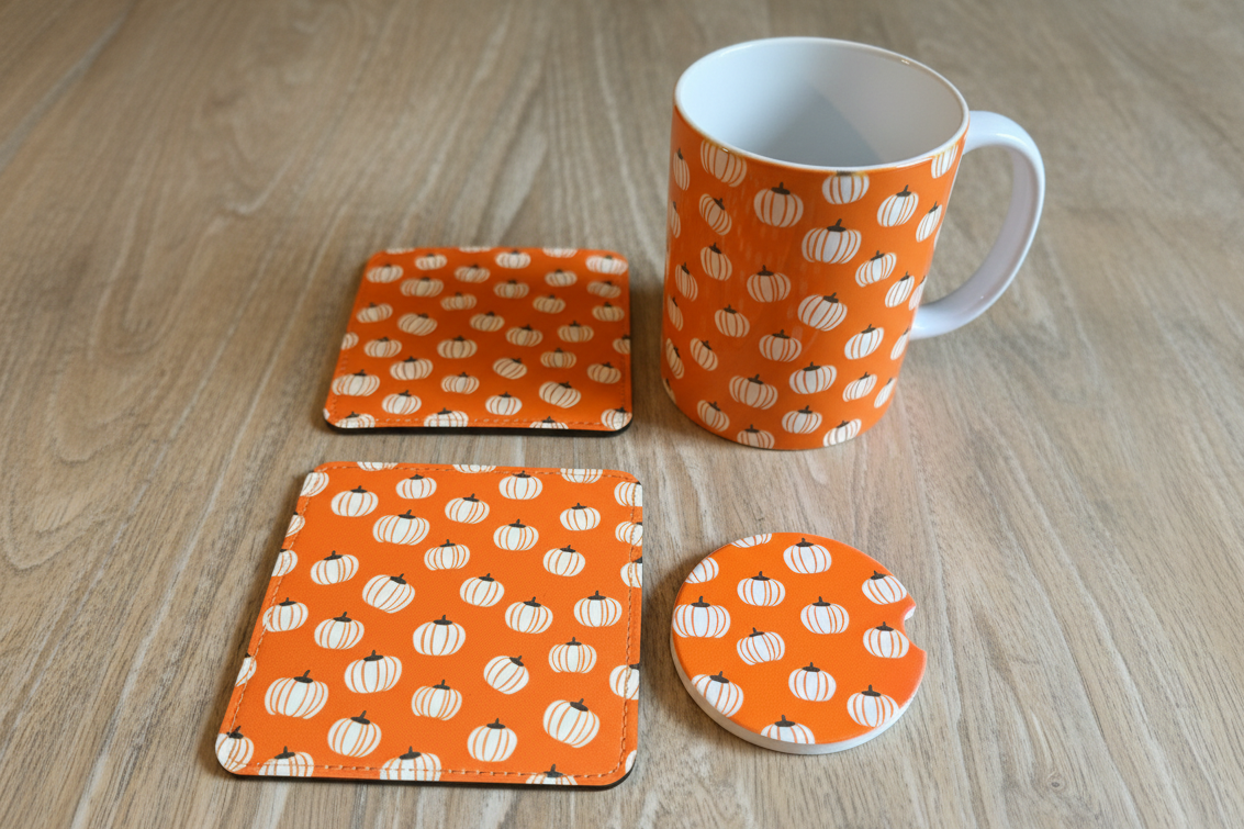 A white ceramic mug and three matching coasters with an orange and white pumpkin pattern, arranged on a light wood tabletop. Roxzell