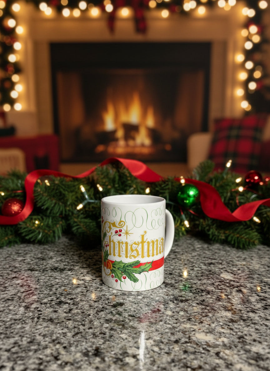 Center view of Merry Christmas mug with cranberry plant, Roxzell