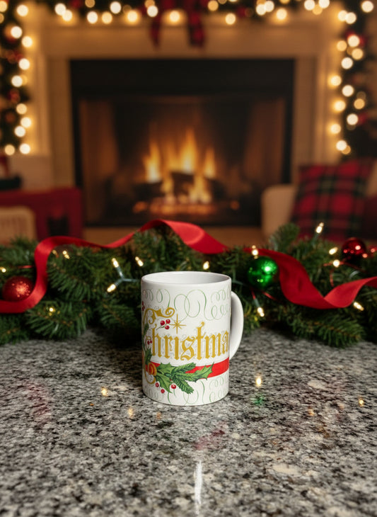 Center view of Merry Christmas mug with cranberry plant, Roxzell