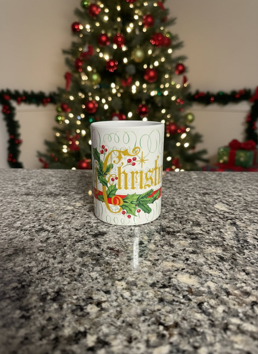 Center view of Merry Christmas mug with cranberry plant, Roxzell