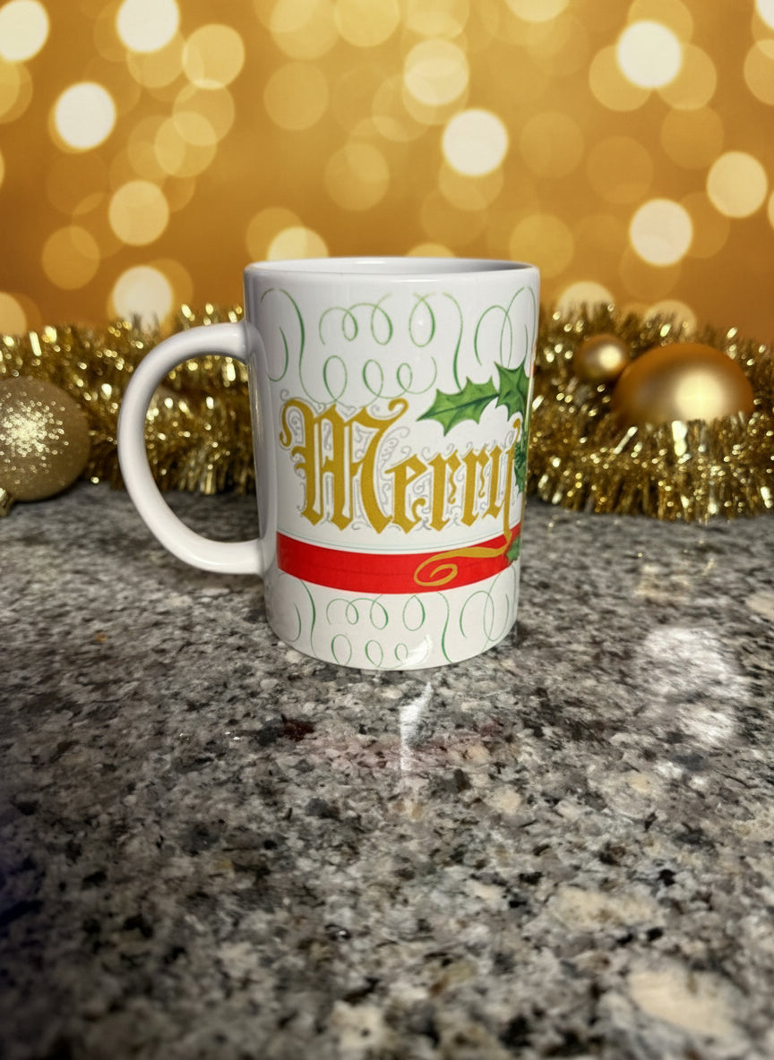 Left side of Merry Christmas mug with cranberry plant, Roxzell
