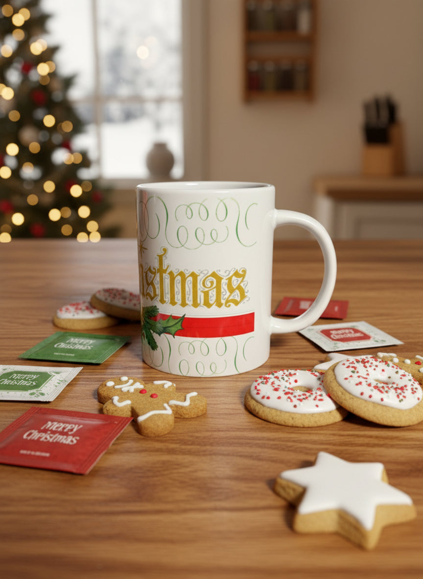 Right side of Merry Christmas mug with cranberry plant, Roxzell