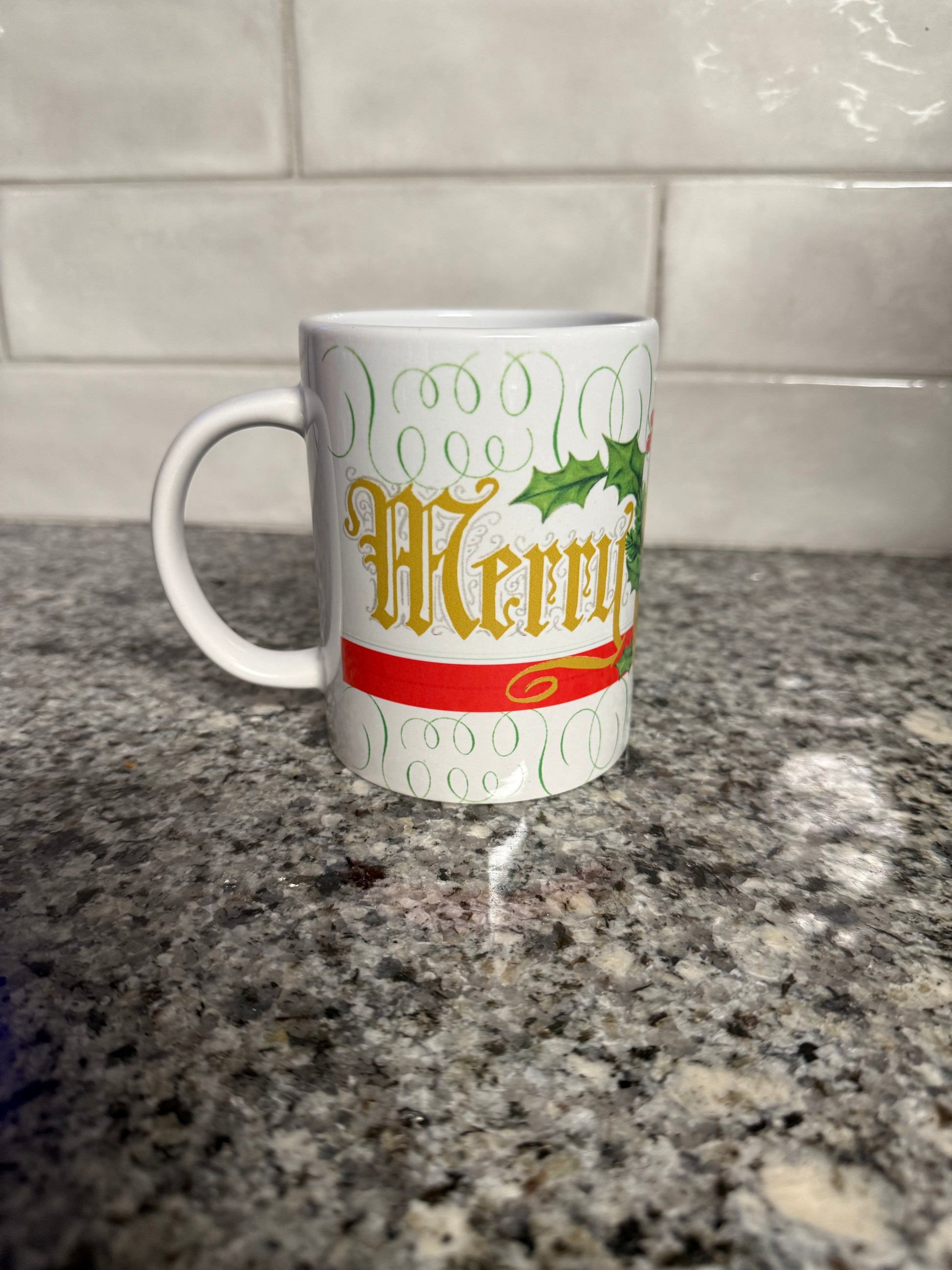 Left side of Merry Christmas mug with cranberry plant, Roxzell