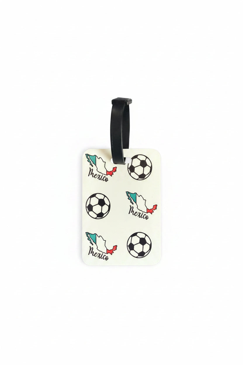 Mexico soccer luggage tag with black strap on white background. Roxzell