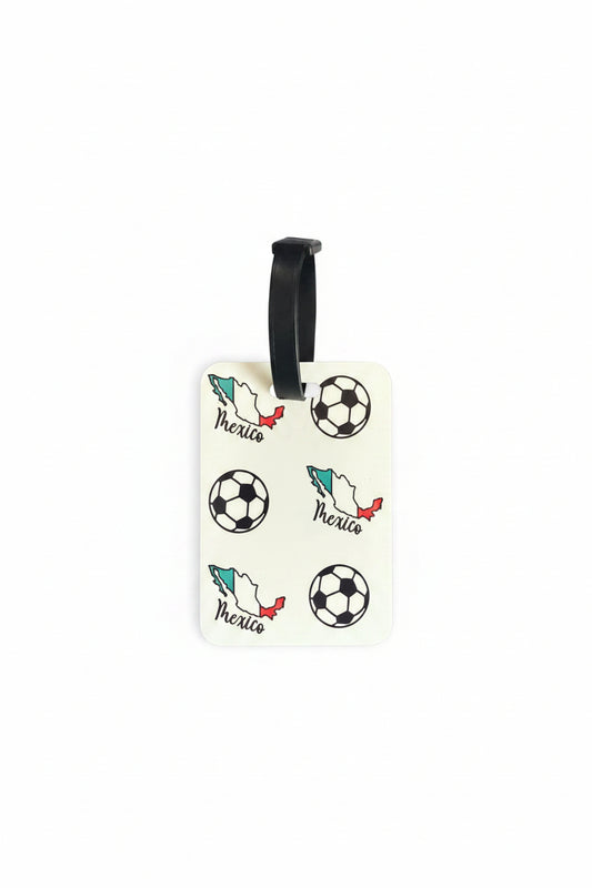 Mexico soccer luggage tag with black strap on white background. Roxzell