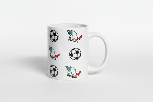 Glossy white mug featuring Mexico’s flag colors and soccer ball motifs, celebrating national football pride. Roxzell