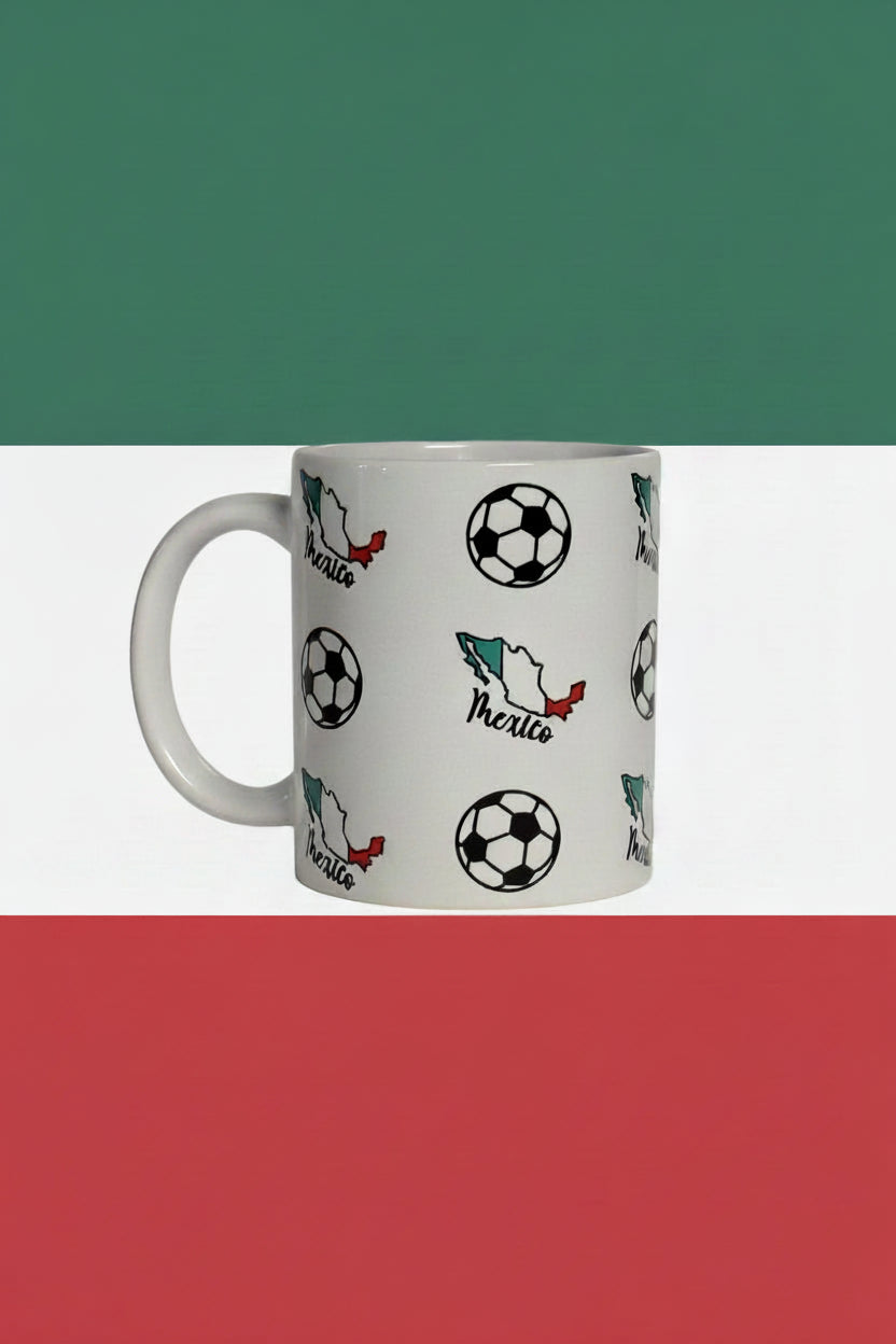 White ceramic mug printed with Mexico map and soccer ball pattern in front of a green, white, and red background, ideal for soccer fans and collectors. Roxzell