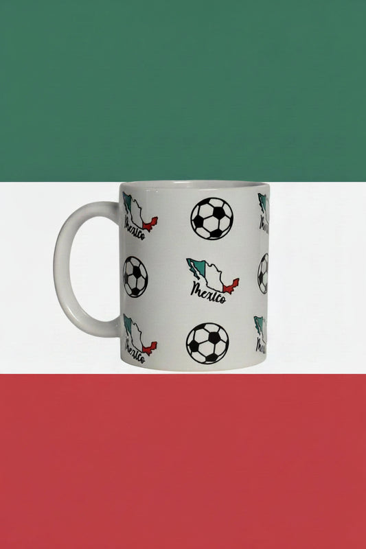 White ceramic mug printed with Mexico map and soccer ball pattern in front of a green, white, and red background, ideal for soccer fans and collectors. Roxzell
