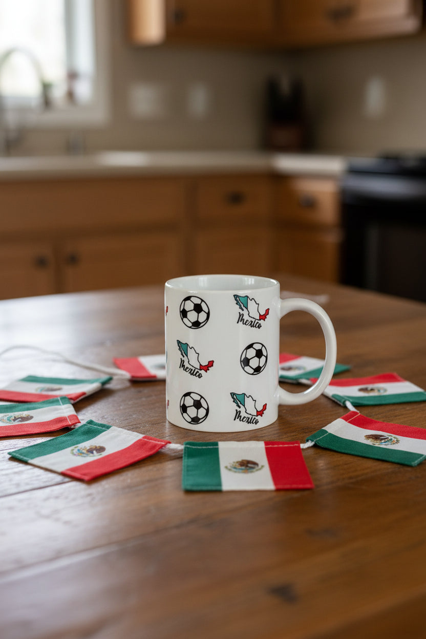 White ceramic mug decorated with Mexico map outlines in green, white, and red and soccer ball graphics in the middle of a Mexico flag banner on a wooden table, symbolizing Mexican soccer passion. Roxzell
