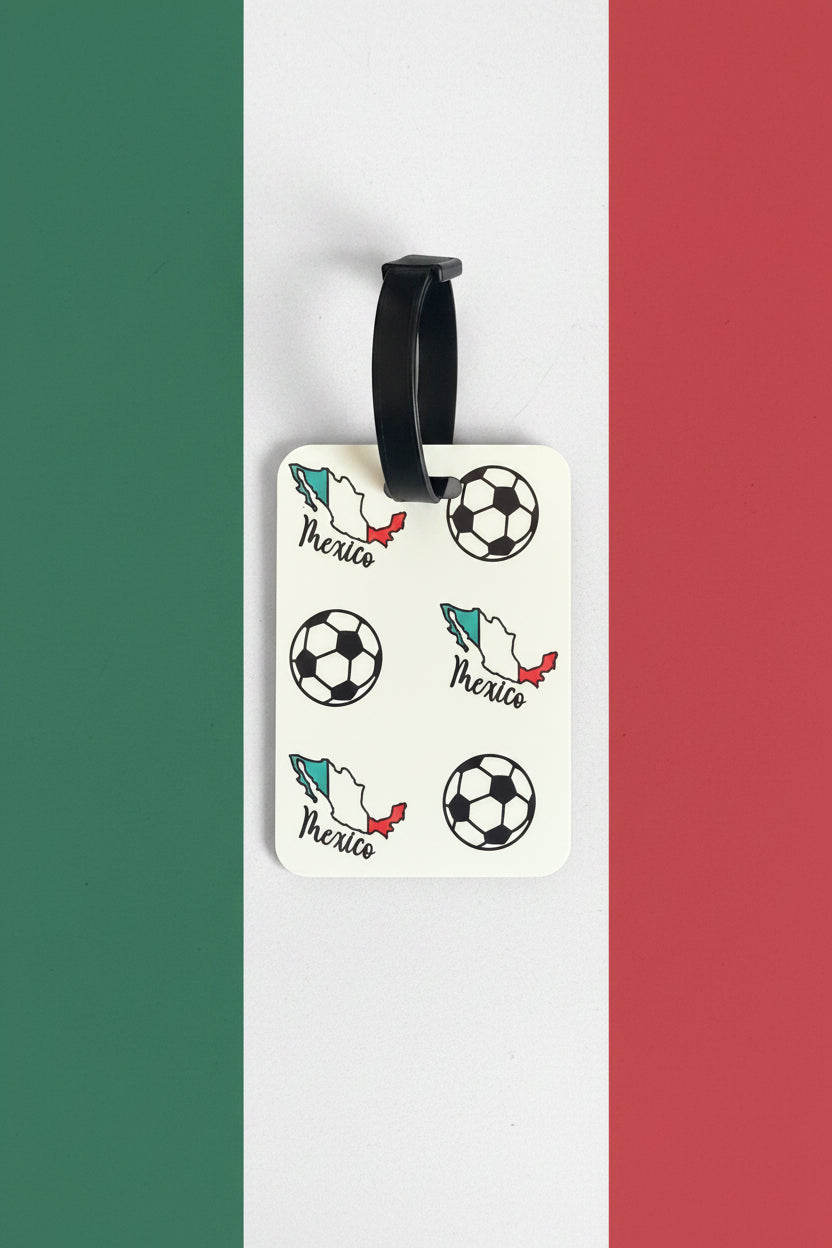 White luggage tag with Mexico map in flag colors and soccer balls on a green, white, and red stipe background.