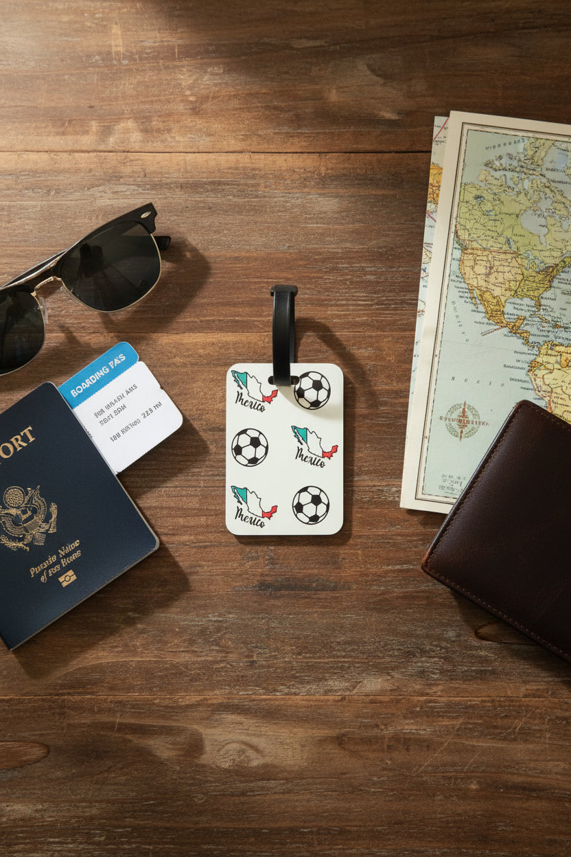 Mexico map and soccer ball pattern printed on durable tag on a wood table with a passport, sunglasses, wallet, and other travel items. Roxzell