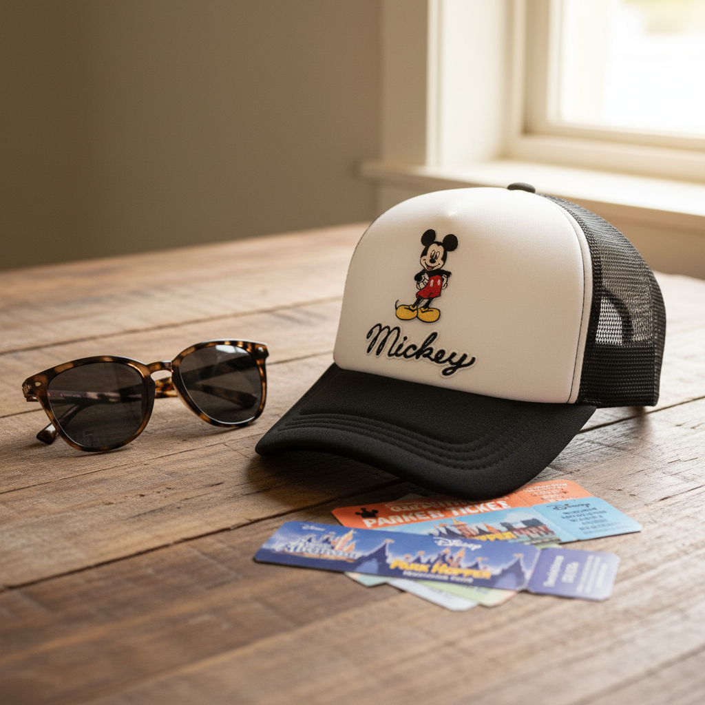 A Mickey Mouse trucker hat sits on a wooden table next to tortoiseshell sunglasses and theme park tickets. The hat has a white front panel with a black mesh back and a black brim, featuring an embroidered Mickey Mouse graphic and the name 'Mickey' in script. Roxzell