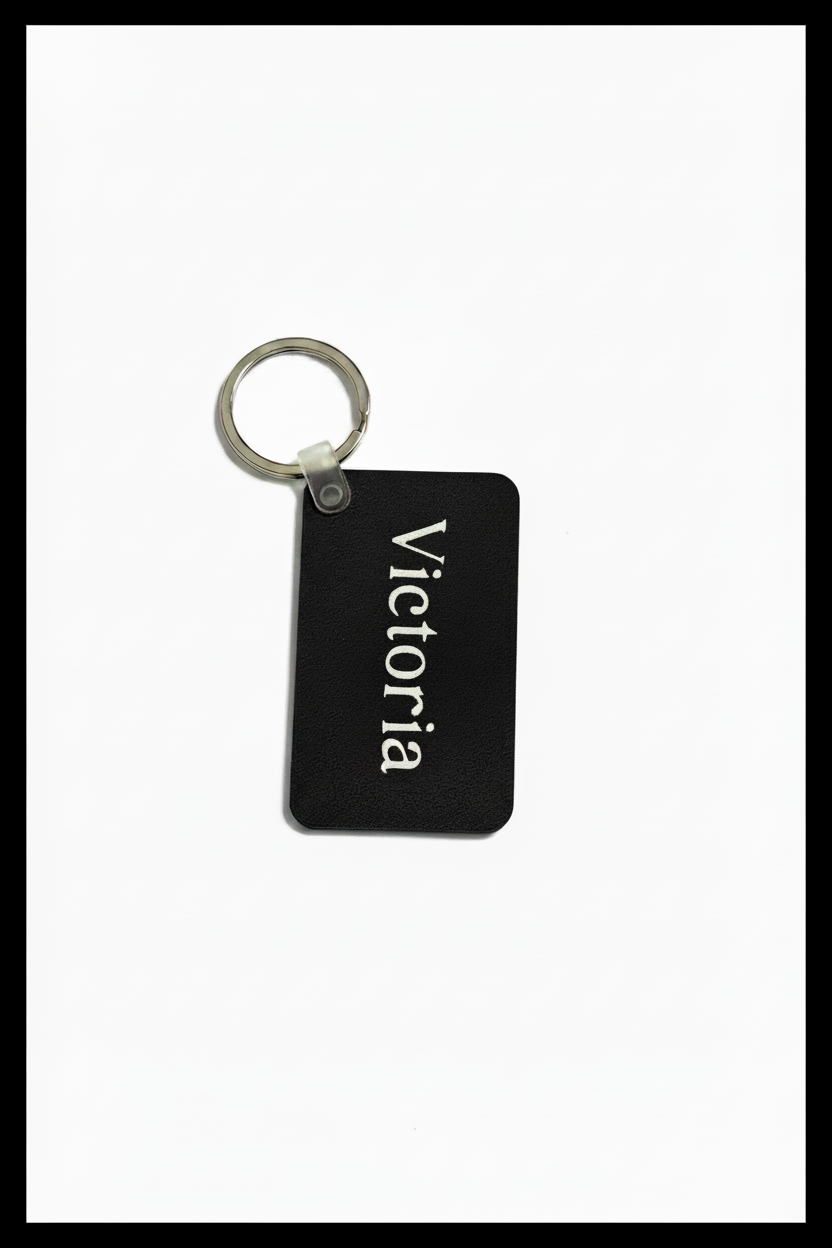 A personalized rectangular black keychain with the name 'Victoria' printed vertically in white, attached to a silver metal key ring, shown on a white background with a black border. Roxzell