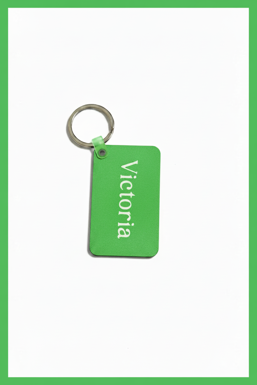 A green rectangular keychain tag with the name 'Victoria' printed vertically in white, attached to a silver metal key ring, shown on a white background with a green border. Roxzell