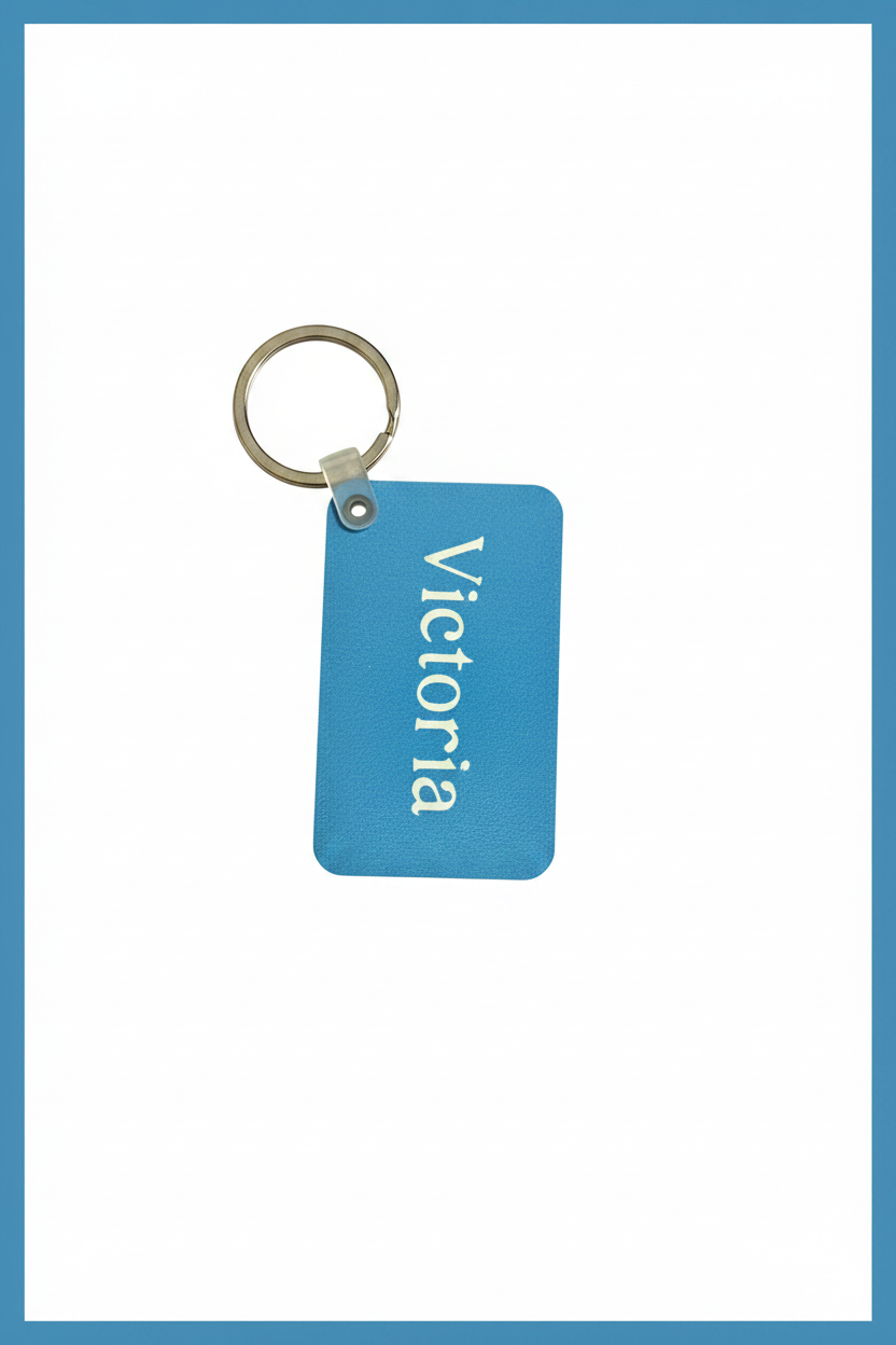 A personalized blue keychain with the name 'Victoria' printed in white, attached to a silver metal split ring, shown on a white background with a blue border. Roxzell