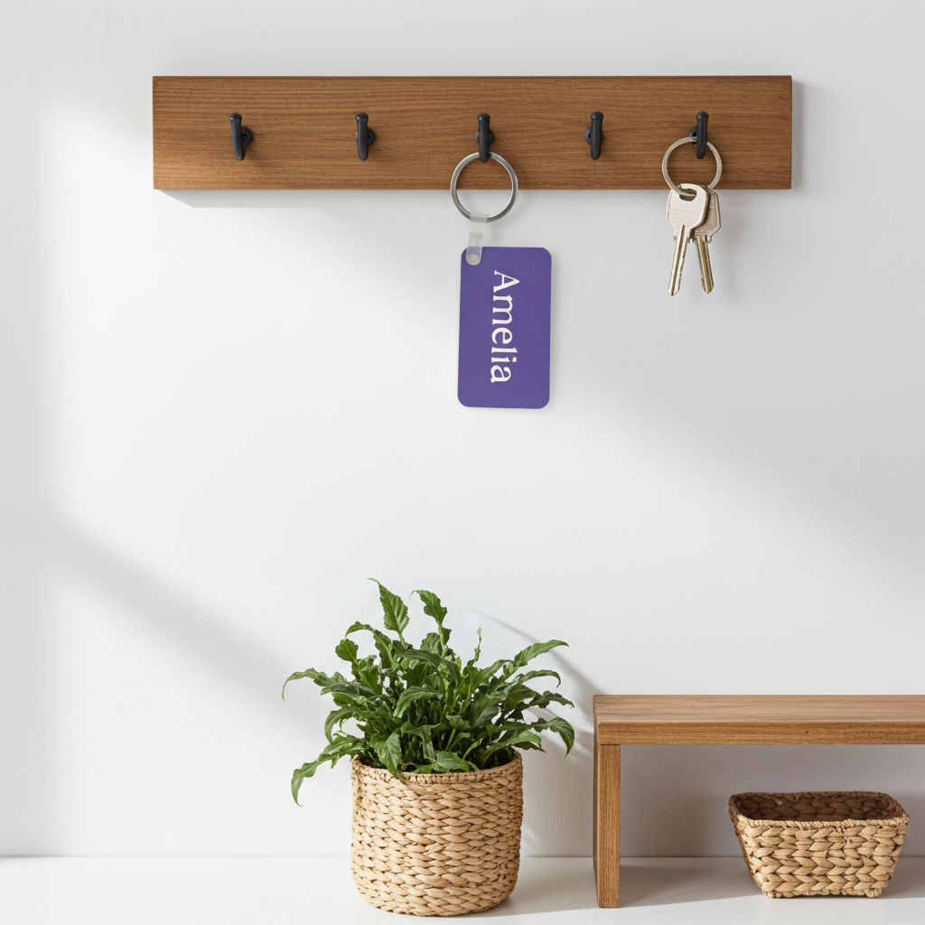 A wooden wall-mounted key rack with five hooks, shown in a bright entryway. A purple keychain reading 'Amelia' hangs from one hook, and two metal keys hang from another. Roxzell