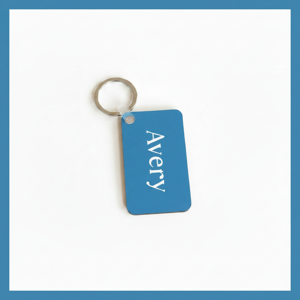Personalized blue keychain with name Avery in white name print on a white background with blue border. Roxzell