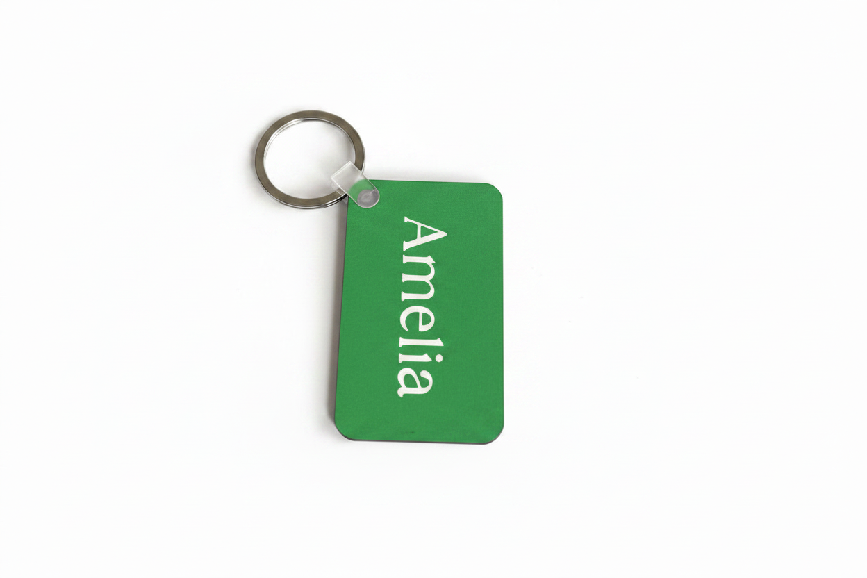 Green personalized Amelia keychain with white name print. Roxzell