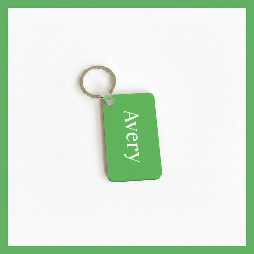 Personalized green keychain with name Avery in white name print on a white background with green border. Roxzell