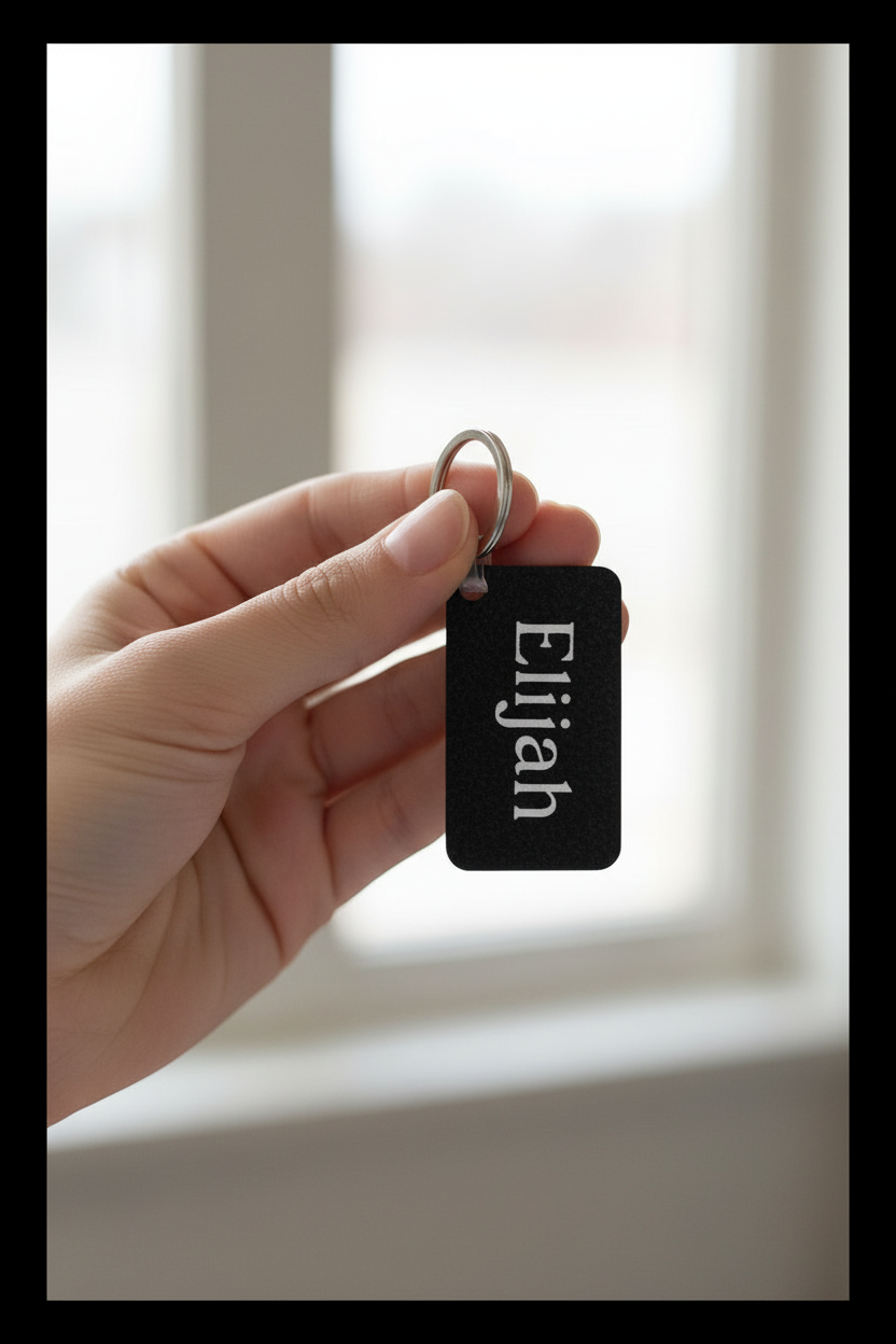 A hand holding a small black rectangular keychain with the name 'Elijah' printed vertically in white, attached to a silver metal key ring, against a softly blurred window background. Roxzell