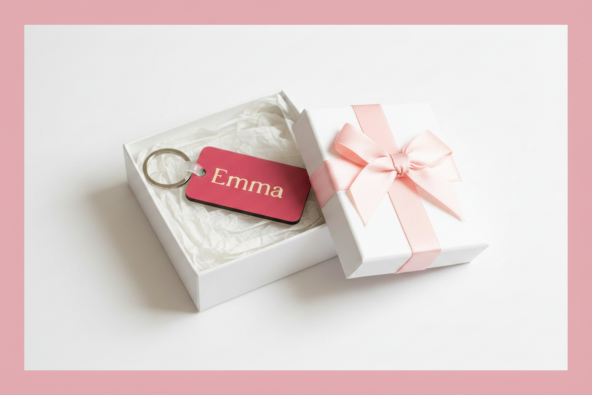 A personalized pink rectangular keychain with the name 'Emma' in gold, shown in a white gift box with a pale pink ribbon and bow on a white background with a pink border. Roxzell