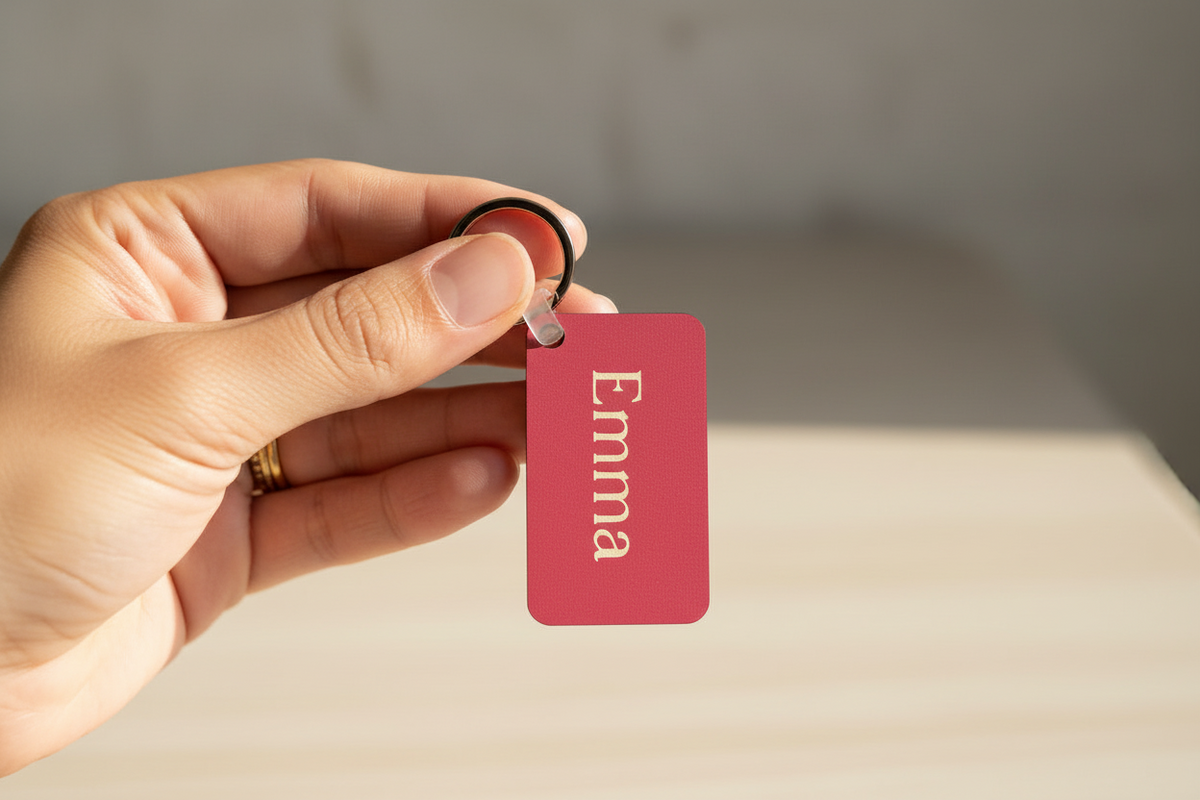 Person holding a pink personalized keychain with name Emma printed in white.  Roxzell