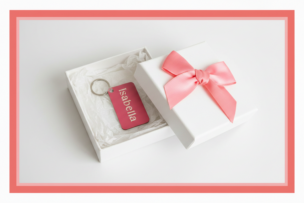 A pink rectangular keychain with the name 'Isabella' in white, displayed inside an open white gift box with white tissue paper, next to a closed white gift box tied with a pink satin ribbon. Roxzell