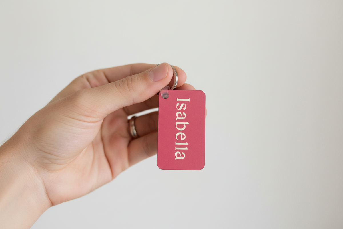 Person holding a pink personalized keychain with name Isabella in white on a white background.  Roxzell