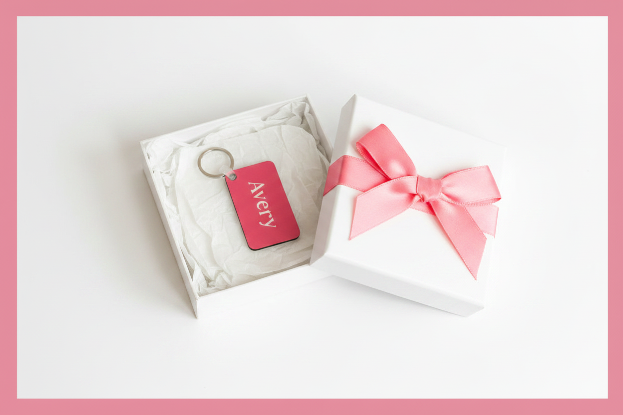 A pink rectangular key tag with rounded corners featuring the white vertical text 'Avery' and attached to a silver metal split ring, shown in a white gift box with pink bow on a white background with pink border. Roxzell